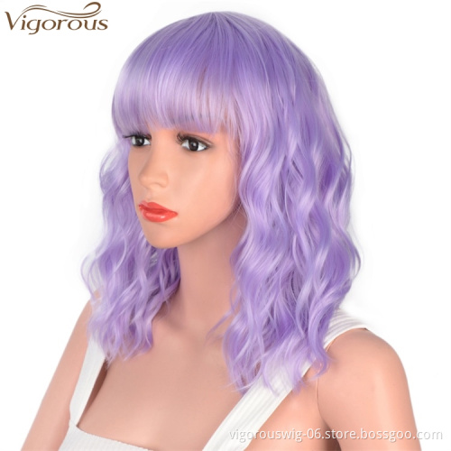 Vigorous Synthetic Short Bob Wigs for Black Women with Bangs Water Wave Purple Hair Wig Natural Cosplay Wigs